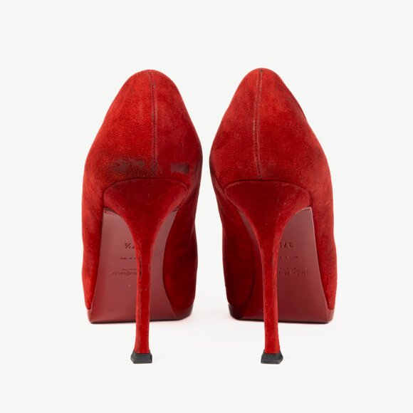 Yves Saint Laurent Tribtoo 80 Platform Poppy Suede & Nero Cap-Toe Pumps - Picture 3 of 9